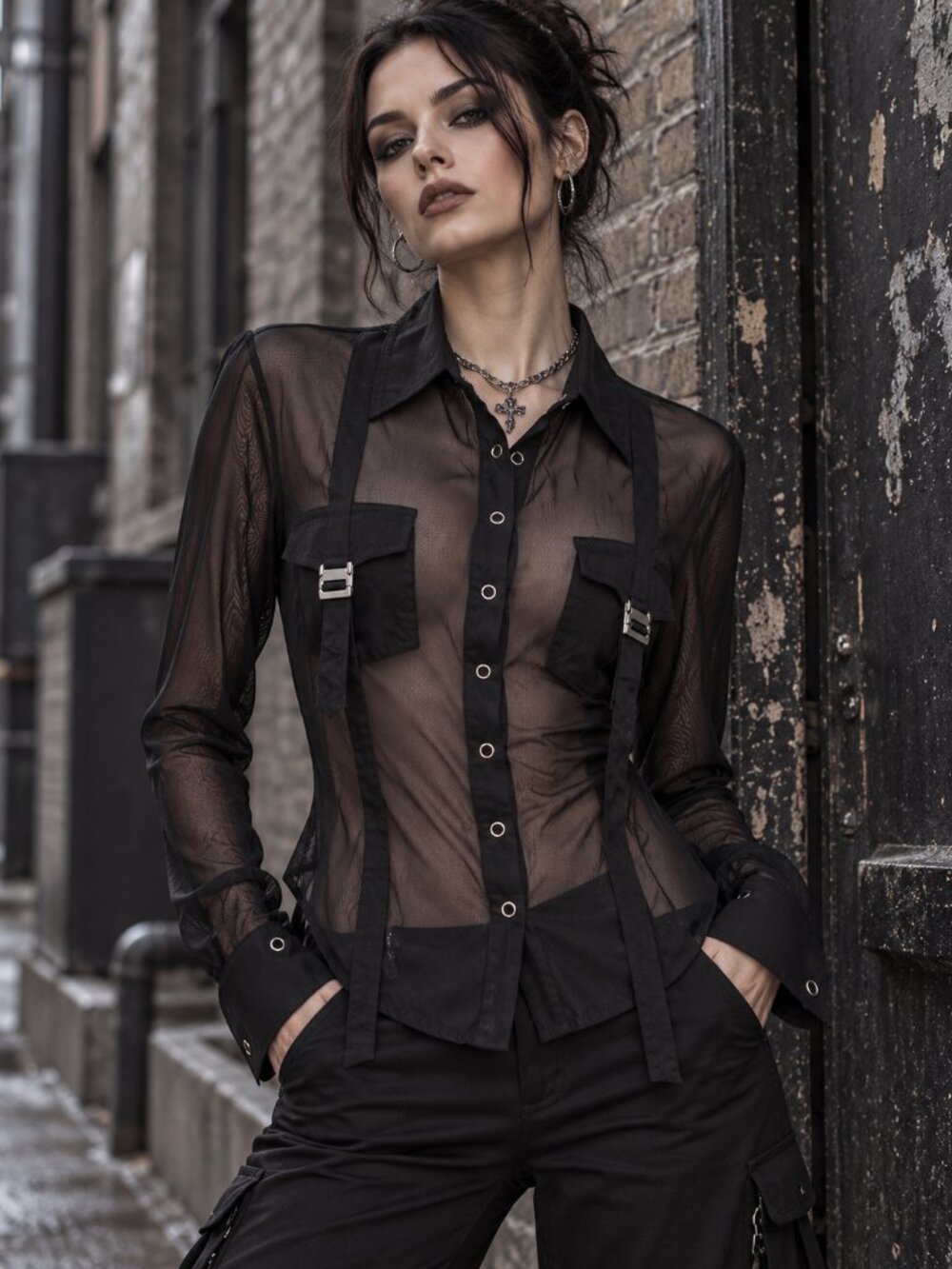 Y2K Goth Sheer Mesh Utility Shirt Black L Bisou Bisou Buckle Pockets
